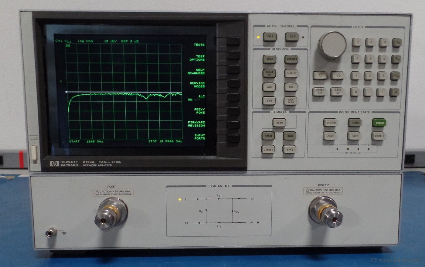 HP / Keysight / Agilent 8720A-001-002-010 Network Analyzers - front view
